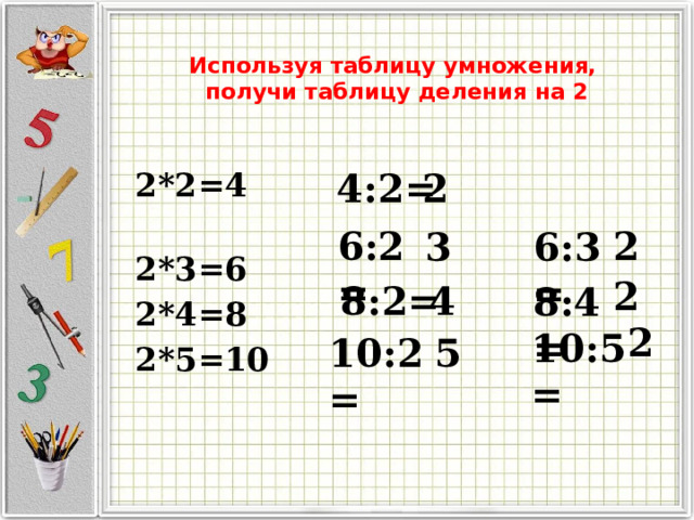 Используя таблицу умножения,  получи таблицу деления на 2   2*2=4 2*3=6 2*4=8 2*5=10 4:2= 2 2 6:2= 3 6:3= 2 4 8:2= 8:4= 2 10:5= 10:2= 5 