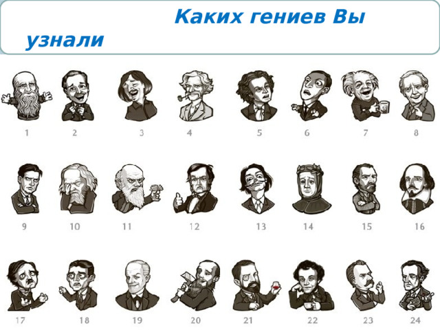  Каких гениев Вы узнали 1 – Леонардо да Винчи, 2 – Уолт Дисней, 3 – Николай Гоголь, 4 – Марк Твен, 5 – Людвиг ван Бетховен, 6 – Говард Лавкрафт, 7 – Альберт Эйнштейн, 8 – Джон Толкин, 9 – Владимир Маяковский, 10 – Дмитрий Менделеев, 11 – Чарльз Дарвин, 12 – Рихард Вагнер, 13 – Сальвадор Дали, 14 – Франческо Петрарка, 15 – Винсент ван Гог, 16 – Вильям Шекспир, 17 – Эдгар По, 18 – Франц Кафка, 19 – Зигмунд Фрейд, 20 – Федор Достоевский, 21 – Брем Стокер, 22 – Александр Пушкин, 23 – Фридрих Ницше, 24 – Эрвин Шрёдингер.  