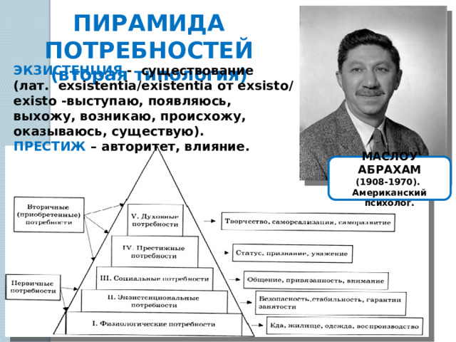 ПИРАМИДА ПОТРЕБНОСТЕЙ (вторая типология) ЭКЗИСТЕНЦИЯ  -  существование  (лат.  exsistentia/existentia от exsisto/existo -выступаю, появляюсь, выхожу, возникаю, происхожу, оказываюсь, существую). ПРЕСТИЖ  – авторитет, влияние. МАСЛОУ АБРАХАМ (1908-1970). Американский психолог. Человек может прожить: Без еды 40-45 дней, Без воды 7-10 дней, Без сна 4дня, Без воздуха от3 до 5 минут. 6 