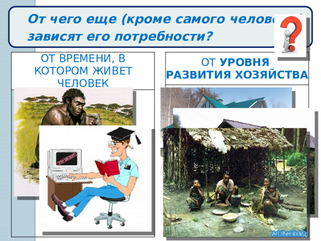 От чего еще (кроме самого человека) зависят его потребности? ОТ ВРЕМЕНИ, В КОТОРОМ ЖИВЕТ ЧЕЛОВЕК ОТ УРОВНЯ РАЗВИТИЯ ХОЗЯЙСТВА 