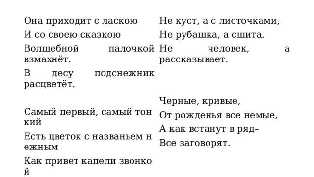 Она приходит с ласкою И со своею сказкою Не куст, а с листочками, Волшебной палочкой взмахнёт. Не рубашка, а сшита. В лесу подснежник расцветёт. Не человек, а рассказывает. Самый первый, самый тонкий  Есть цветок с названьем нежным Черные, кривые, От рожденья все немые, Как привет капели звонкой  А как встанут в ряд– Называется… Все заговорят.  