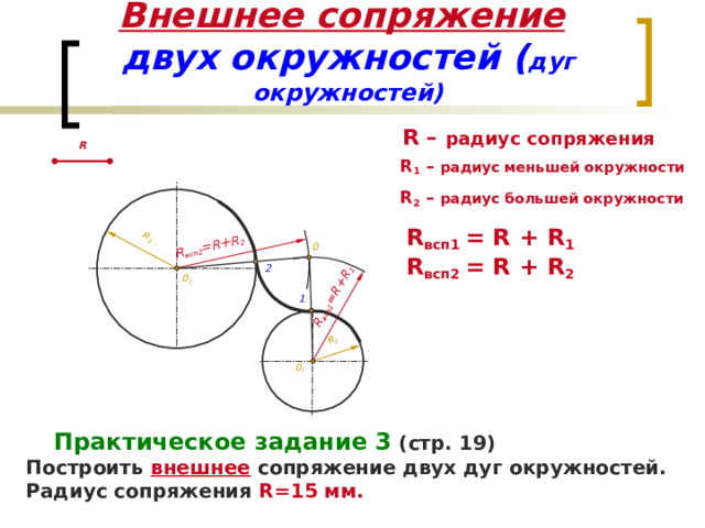 Внешнее сопряжение дуг. Внешнее сопряжение. Сопряжение окружностей. Внешнее сопряжение двух окружностей. Внешнее и внутреннее сопряжение двух окружностей.