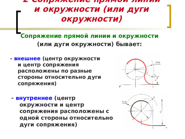 Сопряжение двух наушников. Сопряжение линии и окружности. Сопряжение прямой и окружности. Построение сопряжения прямой и окружности. Внешнее сопряжение.