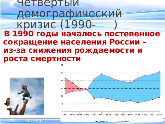 Четвертый демографический кризис (1990- ) В 1990 годы началось постепенное сокращение населения России – из-за снижения рождаемости и роста смертности 