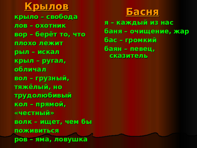  Крылов  крыло – свобода  лов – охотник  вор – берёт то, что  плохо лежит  рыл – искал  крыл – ругал,  обличал  вол – грузный,  тяжёлый, но  трудолюбивый  кол – прямой,  «честный»  волк – ищет, чем бы  поживиться  ров – яма, ловушка   Басня  я – каждый из нас  баня – очищение, жар  бас – громкий  баян – певец, сказитель 