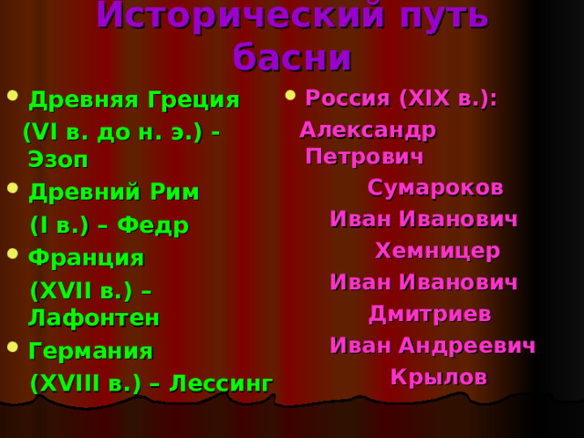 Исторический путь басни    Древняя Греция Россия ( XIX в.):  ( VI в. до н. э.) - Эзоп  Александр Петрович  Сумароков  Иван Иванович  Хемницер  Иван Иванович  Дмитриев  Иван Андреевич  Крылов  Древний Рим  ( I в.) – Федр Франция  ( XVII в.) – Лафонтен Германия  ( XVIII в.) – Лессинг 