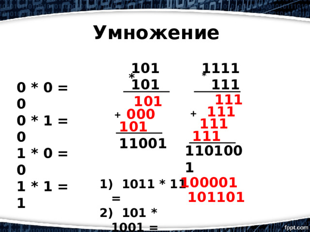 Умножение 101 1111 101 111 * * 0 * 0 = 0 0 * 1 = 0 1 * 0 = 0 1 * 1 = 1 111 101 111 000 + + 111 101 111 11001 1101001 100001  1011 * 11 =  101 * 1001 = 101101 