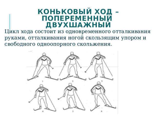 Коньковый ход – попеременный  двухшажный Цикл хода состоит из одновременного отталкивания руками, отталкивания ногой скользящим упором и свободного одноопорного скольжения. 