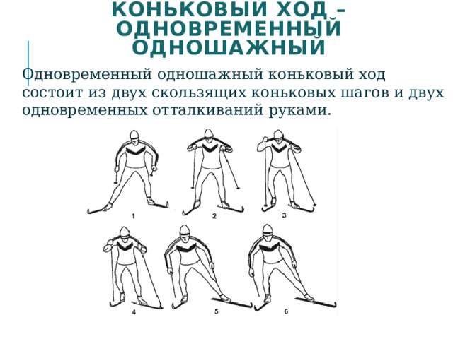 Коньковый ход – одновременный одношажный Одновременный одношажный коньковый ход состоит из двух скользящих коньковых шагов и двух одновременных отталкиваний руками. 