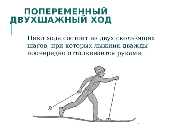  Попеременный двухшажный ход  Цикл хода состоит из двух скользящих шагов, при которых лыжник дважды поочередно отталкивается руками. 