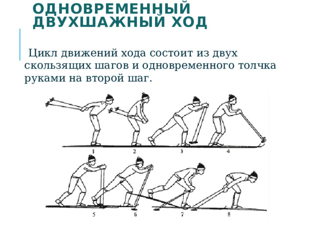 Одновременный двухшажный ход  Цикл движений хода состоит из двух скользящих шагов и одновременного толчка руками на второй шаг.  