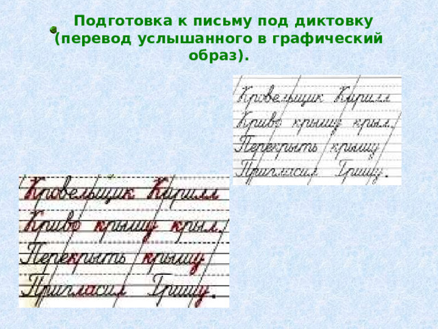  Подготовка к письму под диктовку (перевод услышанного в графический образ). 