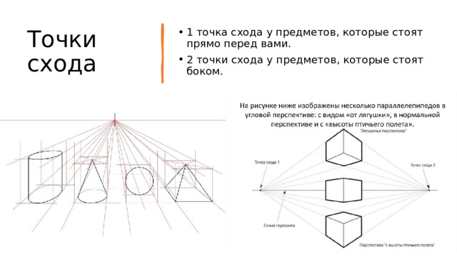 Точки схода 1 точка схода у предметов, которые стоят прямо перед вами. 2 точки схода у предметов, которые стоят боком. 