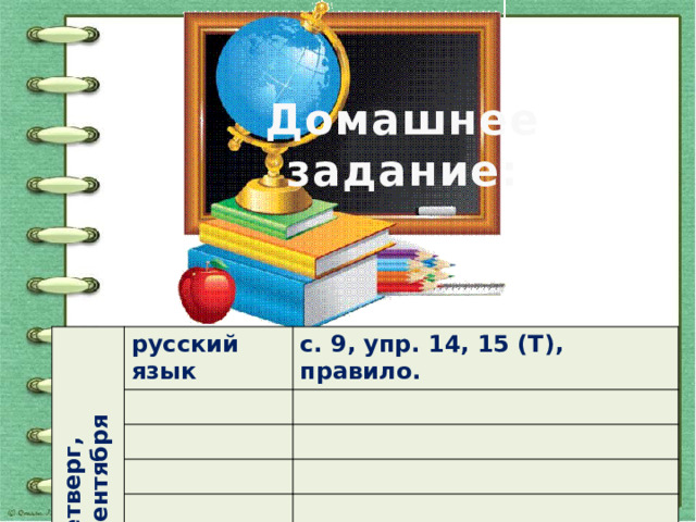 Домашнее задание: Четверг, 22 сентября русский язык с. 9, упр. 14, 15 (Т), правило. 