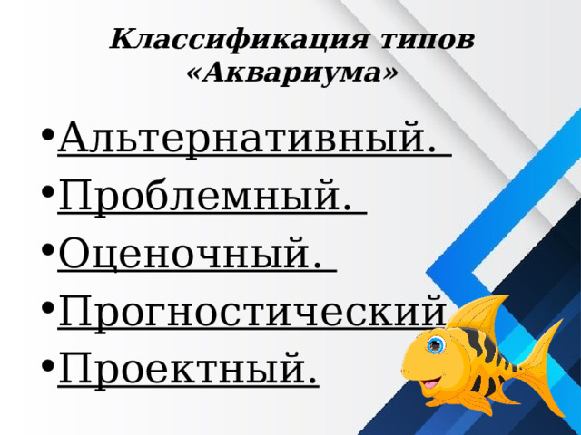 Классификация типов «Аквариума» Альтернативный.  Проблемный.  Оценочный.  Прогностический.  Проектный. 