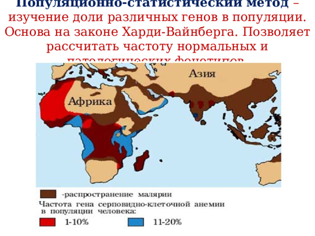 Популяционно-статистический метод – изучение доли различных генов в популяции. Основа на законе Харди-Вайнберга. Позволяет рассчитать частоту нормальных и патологических фенотипов.   