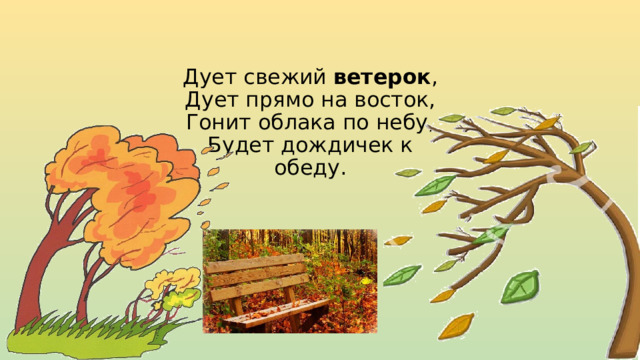 Дует свежий  ветерок ,  Дует прямо на восток,  Гонит облака по небу,  Будет дождичек к обеду. 