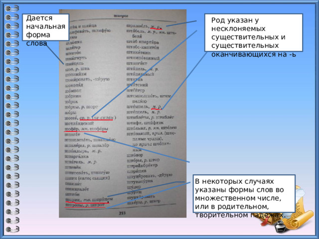 Дается начальная форма слова Род указан у несклоняемых существительных и существительных оканчивающихся на -ь В некоторых случаях указаны формы слов во множественном числе, или в родительном, творительном падежах. 