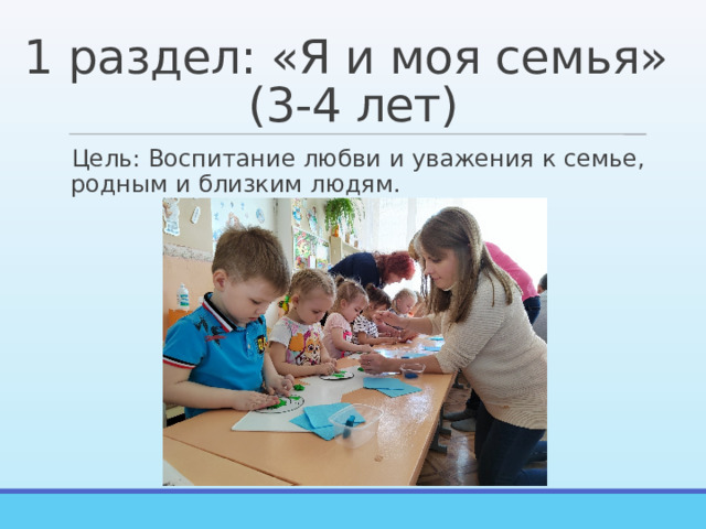 1 раздел: «Я и моя семья»  (3-4 лет) Цель: Воспитание любви и уважения к семье, родным и близким людям. 