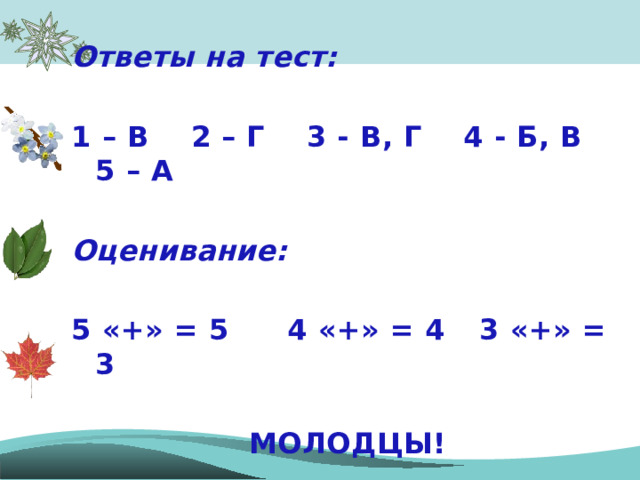 Ответы на тест:  1 – В 2 – Г 3 - В, Г 4 - Б, В 5 – А  Оценивание:  5 «+» = 5   4 «+» = 4   3 «+» = 3  МОЛОДЦЫ!   