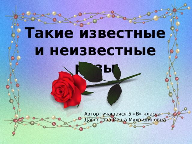 Такие известные и неизвестные розы Автор: учащаяся 5 «В» класса Давлятова Оиша Мухридиновна 