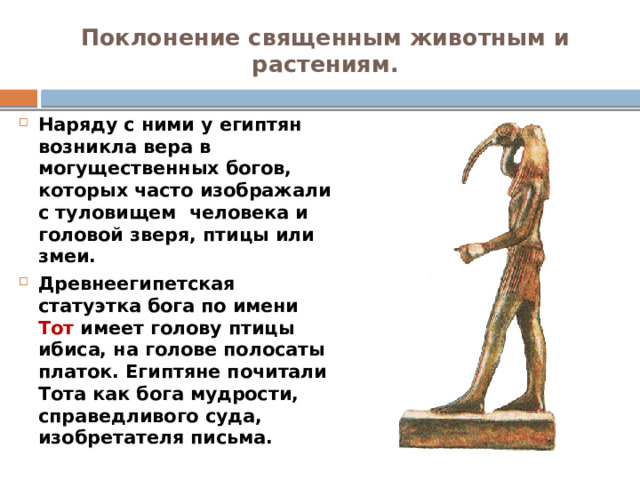 Поклонение священным животным и растениям. Наряду с ними у египтян возникла вера в могущественных богов, которых часто изображали с туловищем человека и головой зверя, птицы или змеи. Древнеегипетская статуэтка бога по имени Тот имеет голову птицы ибиса, на голове полосаты платок. Египтяне почитали Тота как бога мудрости, справедливого суда, изобретателя письма. 