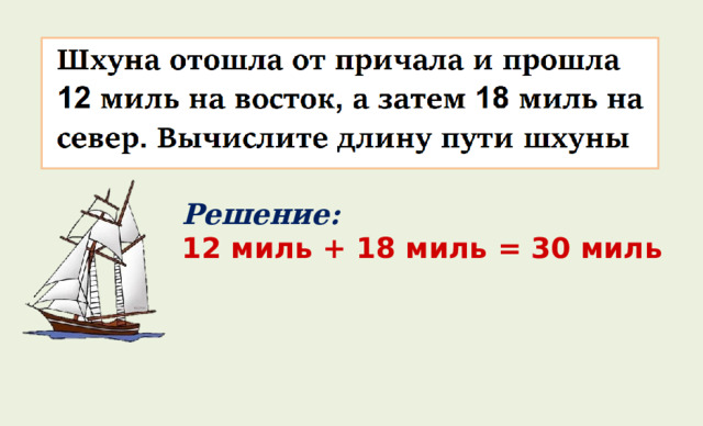 Решение: 12 миль + 18 миль = 30 миль 