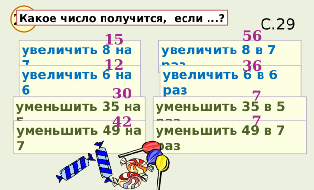 С.29 27 Какое число получится, если ...? 56 15 увеличить 8 на 7 увеличить 8 в 7 раз 12 36 увеличить 6 в 6 раз увеличить 6 на 6 30 7 уменьшить 35 в 5 раз уменьшить 35 на 5 7 42 уменьшить 49 в 7 раз уменьшить 49 на 7 
