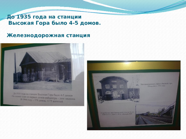 До 1935 года на станции  Высокая Гора было 4-5 домов.  Железнодорожная станция  построена в 1914 году 
