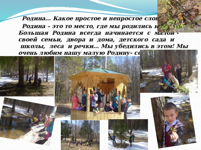  Родина… Какое простое и непростое слово…  Родина – это то место, где мы родились и живем. Большая  Родина  всегда  начинается  с  малой - своей  семьи,  двора  и  дома,  детского  сада  и  школы,  леса  и речки… Мы убедились в этом! Мы очень любим нашу малую Родину- село Высокая Гора!  