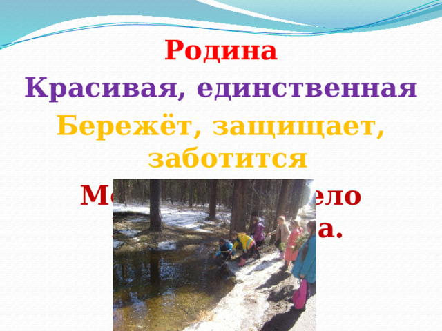 Родина Красивая, единственная Бережёт, защищает, заботится Моя Родина- село Высокая Гора. 