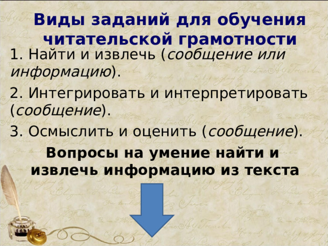 Виды заданий для обучения читательской грамотности   1 . Найти и извлечь ( сообщение или информацию ). 2. Интегрировать и интерпретировать ( сообщение ). 3. Осмыслить и оценить ( сообщение ). Вопросы на умение найти и  извлечь информацию из текста 