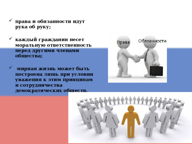 права и обязанности идут рука об руку;  каждый гражданин несет моральную ответственность перед другими членами общества;   мирная жизнь может быть построена лишь при условии уважения к этим принципам и сотрудничества демократических обществ. 