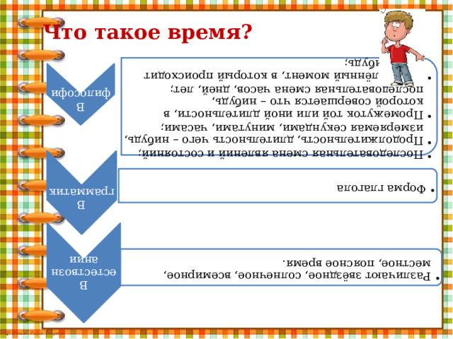 В философии Последовательная смена явлений и состояний; Продолжительность, длительность чего – нибудь, измеряемая секундами, минутами, часами; Промежуток той или иной длительности, в которой совершается что – нибудь, последовательная смена часов, дней, лет; Определённый момент, в который происходит что – нибудь; Последовательная смена явлений и состояний; Продолжительность, длительность чего – нибудь, измеряемая секундами, минутами, часами; Промежуток той или иной длительности, в которой совершается что – нибудь, последовательная смена часов, дней, лет; Определённый момент, в который происходит что – нибудь; В грамматике Форма глагола Форма глагола В естествознании Различают звёздное, солнечное, всемирное, местное, поясное время. Различают звёздное, солнечное, всемирное, местное, поясное время. Что такое время? 