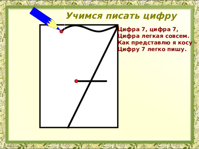 Учимся писать цифру Цифра 7, цифра 7,  Цифра легкая совсем.  Как представлю я косу –  Цифру 7 легко пишу. 