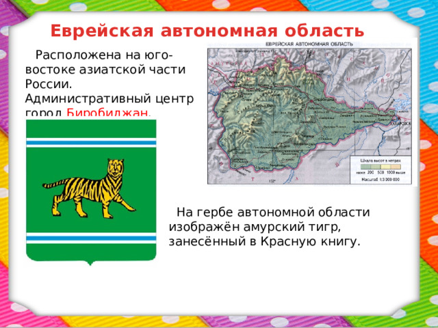 Еврейская автономная область  Расположена на юго-востоке азиатской части России. Административный центр город Биробиджан .  На гербе автономной области изображён амурский тигр, занесённый в Красную книгу. 