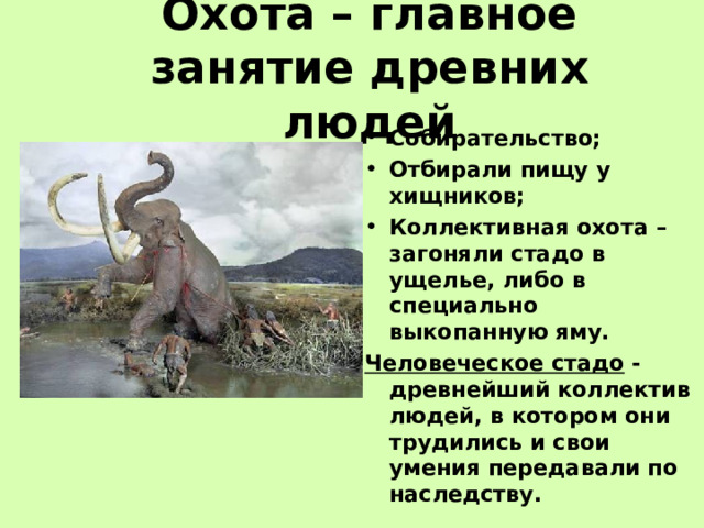 Охота – главное занятие древних людей Собирательство; Отбирали пищу у хищников; Коллективная охота – загоняли стадо в ущелье, либо в специально выкопанную яму. Человеческое стадо - древнейший коллектив людей, в котором они трудились и свои умения передавали по наследству. 