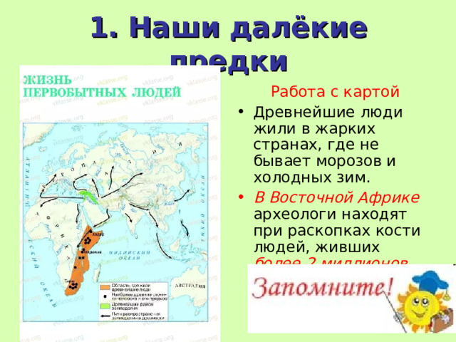 1. Наши далёкие предки  Работа с картой Древнейшие люди жили в жарких странах, где не бывает морозов и холодных зим. В Восточной Африке археологи находят при раскопках кости людей, живших более 2 миллионов лет назад.  