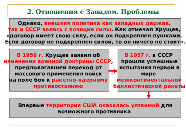 2. Отношения с Западом. Проблемы разоружения Однако, внешняя политика как западных держав, так и СССР велась с позиции силы . Как отмечал Хрущев, «договор имеет свою силу, если он подкреплен пушками. Если договор не подкреплен силой, то он ничего не стоит». В 1956 г. Хрущев заявил об изменении военной доктрины СССР , В 1957 г. в СССР предполагавшей переход от массового применения войск на поле боя к ракетно-ядерному прошли успешные испытания первой в мире противостоянию  межконтинентальной  баллистической ракеты  Впервые территория США  оказалась уязвимой для возможного противника 