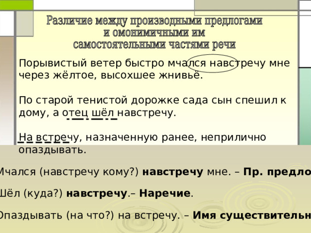 Порывистый ветер быстро мчался навстречу мне через жёлтое, высохшее жнивьё. По старой тенистой дорожке сада сын спешил к дому, а отец шёл навстречу. На встречу, назначенную ранее, неприлично опаздывать. Мчался (навстречу кому?) навстречу мне. – Пр. предлог . Шёл (куда?) навстречу .– Наречие . Опаздывать (на что?) на встречу. – Имя существительное . 