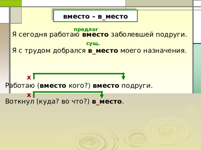 вместо – в _ место предлог Я сегодня работаю вместо заболевшей подруги. Я с трудом добрался в _ место моего назначения. сущ. х Работаю ( вместо кого?) вместо подруги. Воткнул (куда? во что?) в _ место . х 