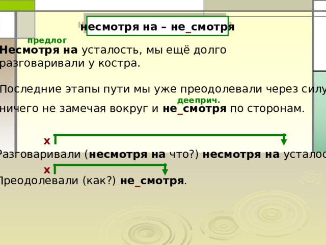 несмотря на – не _ смотря предлог Несмотря на усталость, мы ещё долго разговаривали у костра. Последние этапы пути мы уже преодолевали через силу, ничего не замечая вокруг и не _ смотря по сторонам. дееприч. х Разговаривали ( несмотря на что?) несмотря на усталость. Преодолевали (как?) не _ смотря . х 