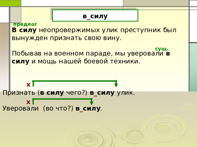 в _ силу предлог В силу неопровержимых улик преступник был вынужден признать свою вину. Побывав на военном параде, мы уверовали в силу и мощь нашей боевой техники. сущ. х Признать ( в силу чего?) в _ силу улик. Уверовали (во что?) в _ силу . х 