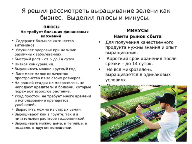 Я решил рассмотреть выращивание зелени как бизнес. Выделил плюсы и минусы. ПЛЮСЫ  Не требует больших финансовых вложений  Содержит большое количество витаминов.  Улучшает здоровье при наличии различных заболеваниях. Быстрый рост – от 5 до 14 суток. Низкая конкуренция. Выращивать можно круглый год.  Занимает малое количество пространства из-за своих размеров. На ранней стадии на микрозелень не нападают вредители и болезни, которые поражают взрослое растение. Уход простой, не требует много времени и использование препаратов, удобрений.  Вырастить можно из старых семян. Выращивают как в грунте, так и в питательном растворе гидропоникой. Выращивать можно дома, в теплице, в подвале, в другом помещении. МИНУСЫ Найти рынок сбыта Для получения качественного продукта нужны знания и опыт выращивания.  Короткий срок хранения после срезки – до 14 суток.  Не вся микрозелень выращивается в одинаковых условиях.  Один человек не справится со всей работой при больших масштабах. 