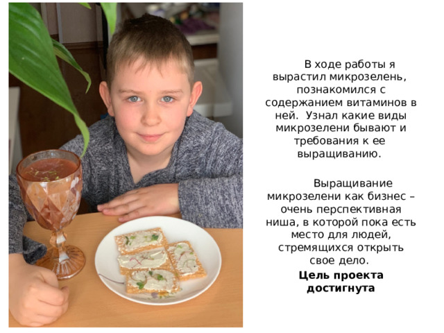 В ходе работы я вырастил микрозелень, познакомился с содержанием витаминов в ней. Узнал какие виды микрозелени бывают и требования к ее выращиванию.  Выращивание микрозелени как бизнес – очень перспективная ниша, в которой пока есть место для людей, стремящихся открыть свое дело. Цель проекта достигнута 