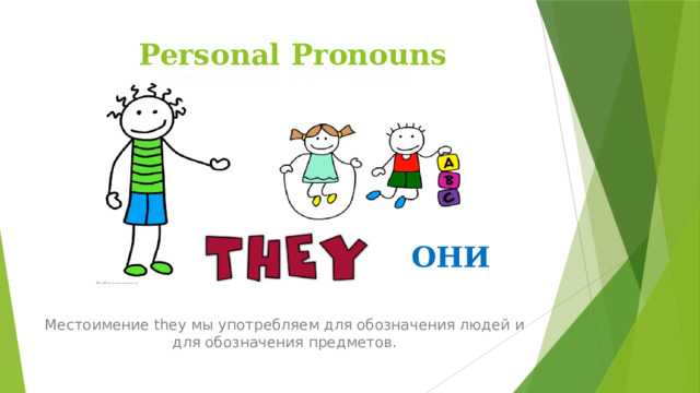 Personal Pronouns ОНИ Местоимение they мы употребляем для обозначения людей и для обозначения предметов. 