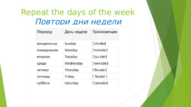 Repeat the days of the week  Повтори дни недели 