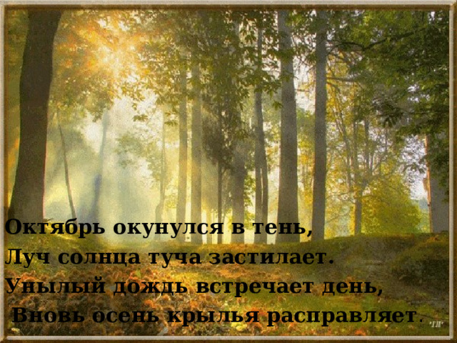 Октябрь окунулся в тень, Луч солнца туча застилает. Унылый дождь встречает день,  Вновь осень крылья расправляет . 