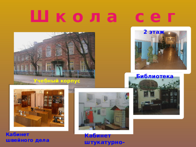 Ш к о л а с е г о д н я 2 этаж Библиотека Учебный корпус Кабинет швейного дела Кабинет штукатурно-малярного дела 