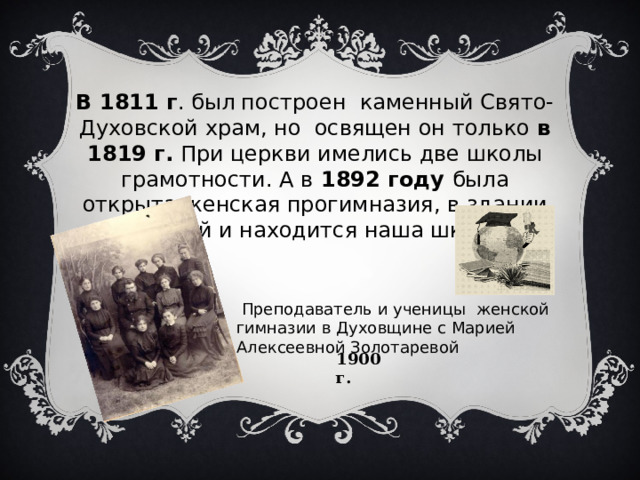 В 1811 г . был построен каменный Свято-Духовской храм, но освящен он только в 1819 г. При церкви имелись две школы грамотности. А в 1892 году была открыта женская прогимназия, в здании которой и находится наша школа.  Преподаватель и ученицы женской гимназии в Духовщине с Марией Алексеевной Золотаревой 1900 г. 